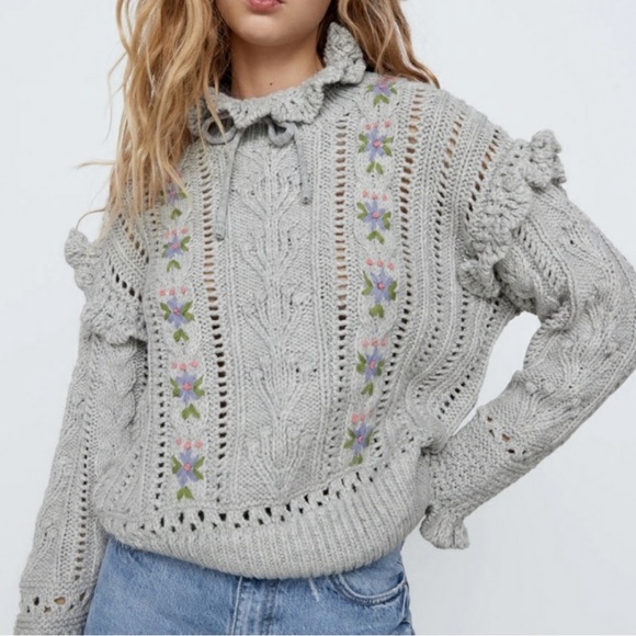 Zara Sweaters - Oversized Embroidered Crochet Sweater